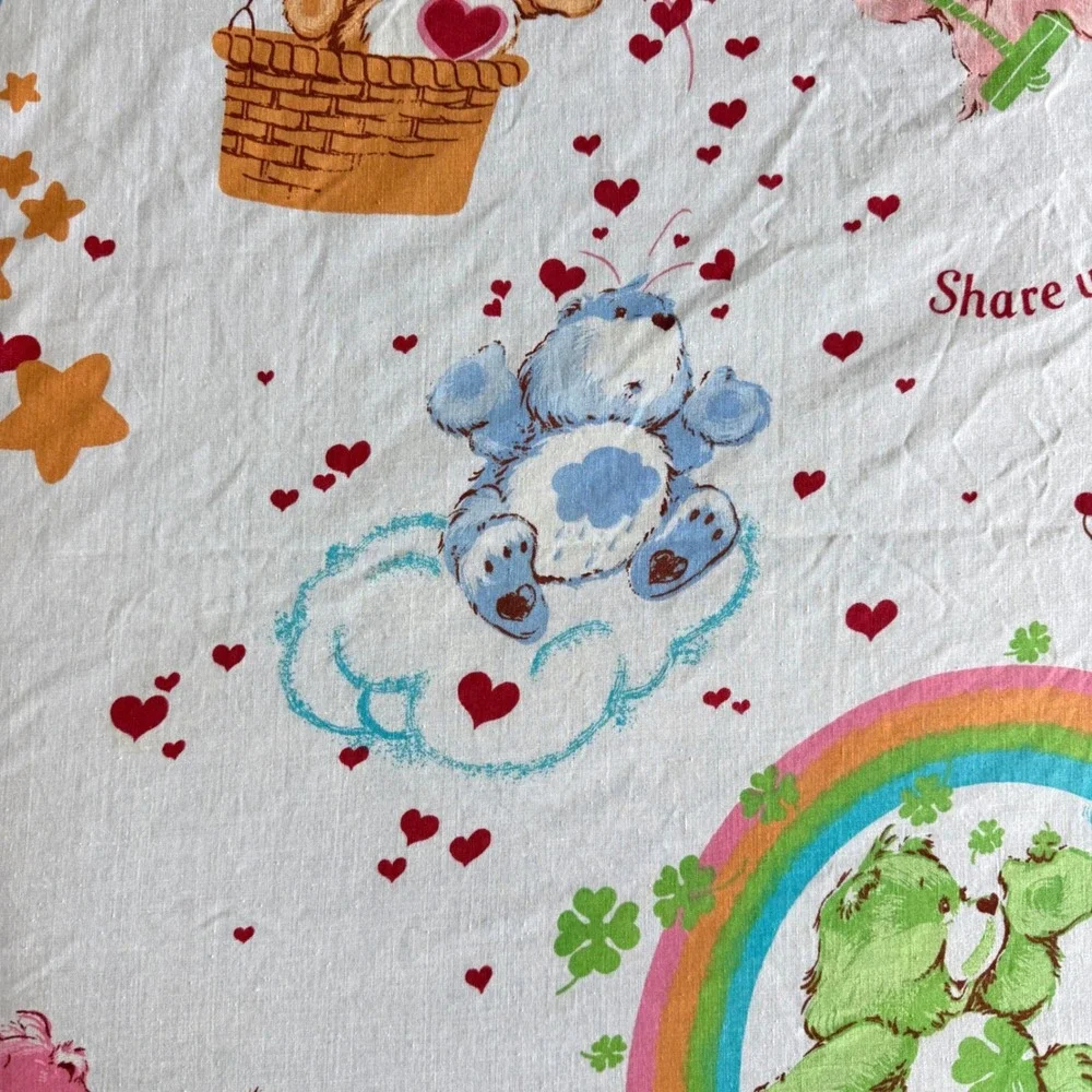 Care Bears Twin Flat Sheet Kids White Clouds Rainbow Hearts Balloons 80s